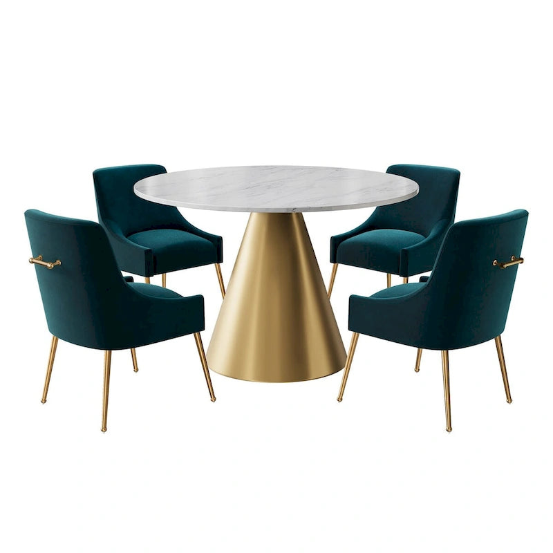 48 Marble Top Metal Dining Table with Velvet Dining Chair Set