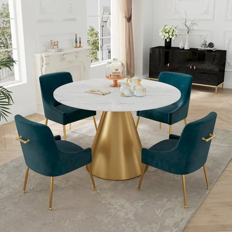 48 Marble Top Metal Dining Table with Velvet Dining Chair Set
