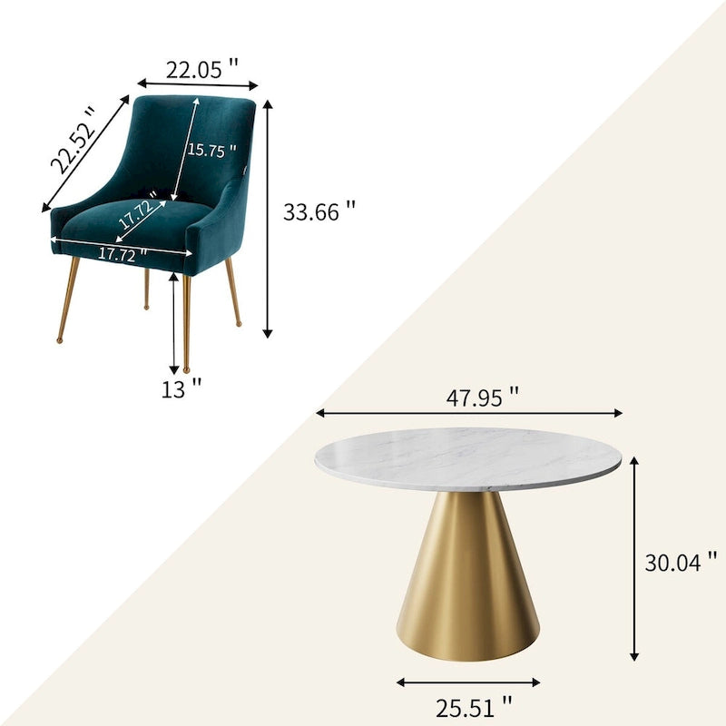 48 Marble Top Metal Dining Table with Velvet Dining Chair Set