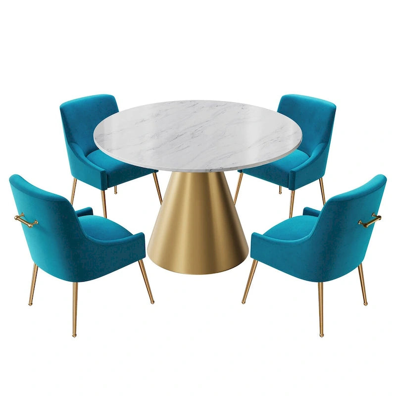 48 Marble Top Metal Dining Table with Velvet Dining Chair Set