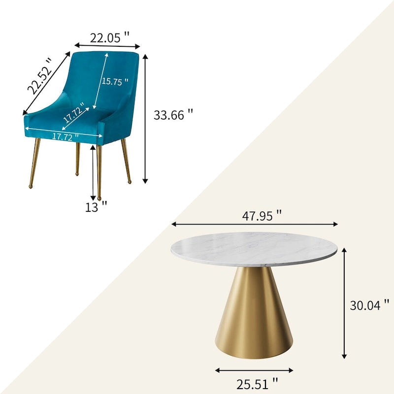 48 Marble Top Metal Dining Table with Velvet Dining Chair Set