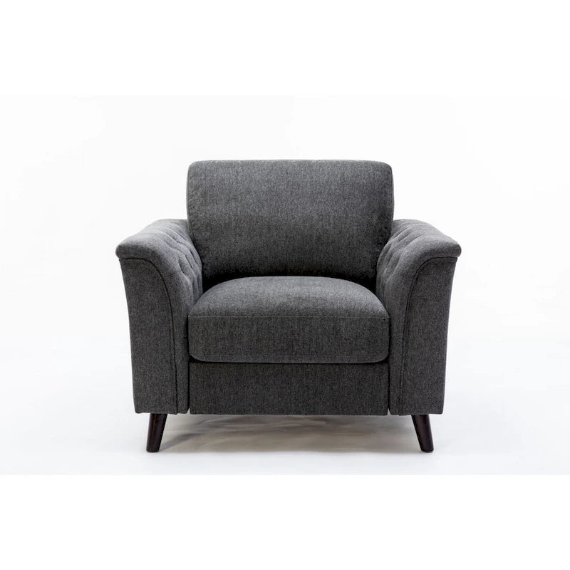 Sen 37 Inch Accent Sofa Chair, Tufted Arms, Padded, Gray Linen, Solid Wood