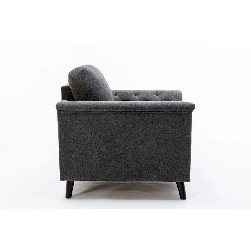 Sen 37 Inch Accent Sofa Chair, Tufted Arms, Padded, Gray Linen, Solid Wood