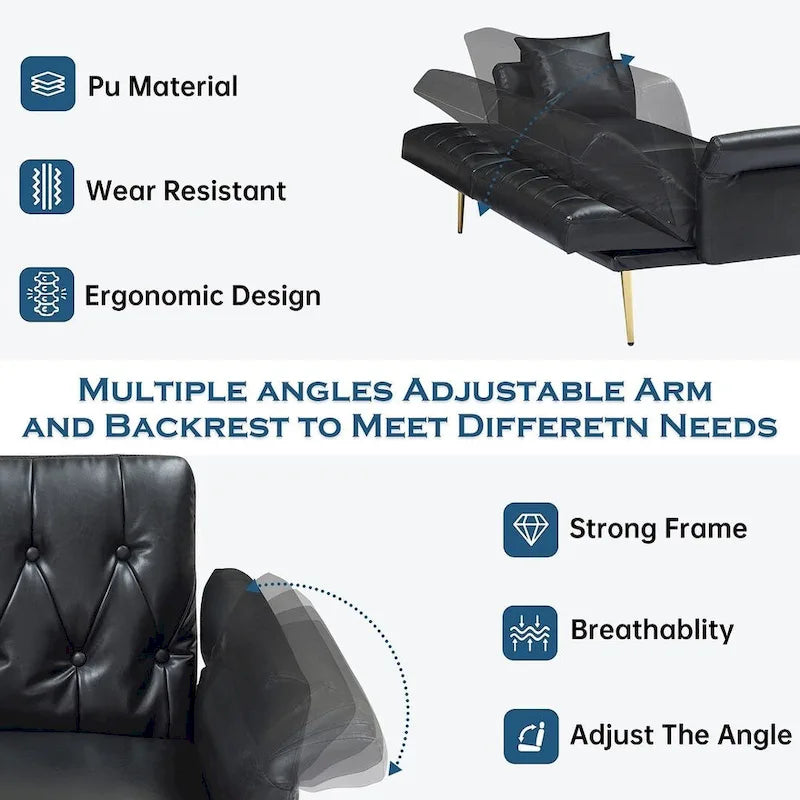 Futon Sofa Bed, Faux leather Foldable Couch Convertible Loveseat Sleeper Daybed with Adjustable Armrests for Small Space