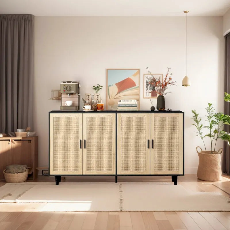 Functional 4 Door Rattan Decorative Storage Cabinet