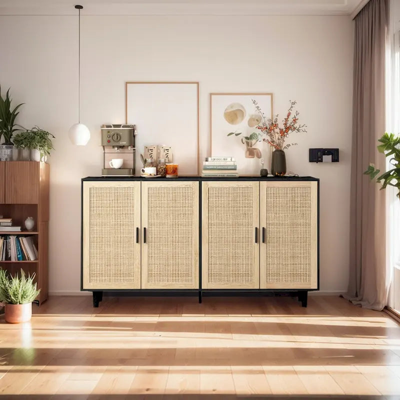 Functional 4 Door Rattan Decorative Storage Cabinet