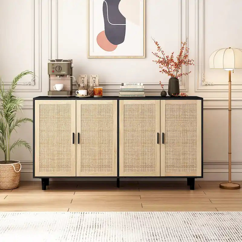 Functional 4 Door Rattan Decorative Storage Cabinet