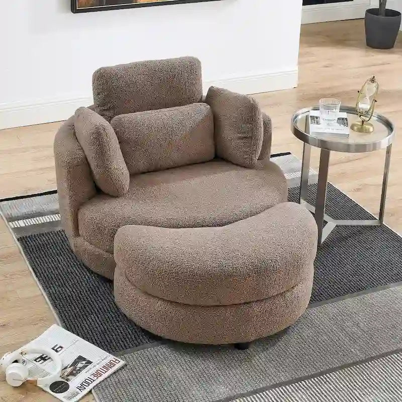39W Oversized Swivel Chair, Moon Storage Ottoman, Loveseat Circle Swivel Barrel Chairs Cuddle Sofa Lounger Armchair, 4 Pillows