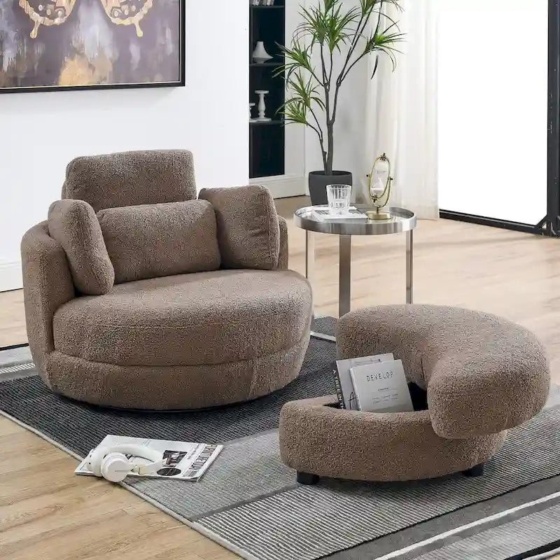 39W Oversized Swivel Chair, Moon Storage Ottoman, Loveseat Circle Swivel Barrel Chairs Cuddle Sofa Lounger Armchair, 4 Pillows