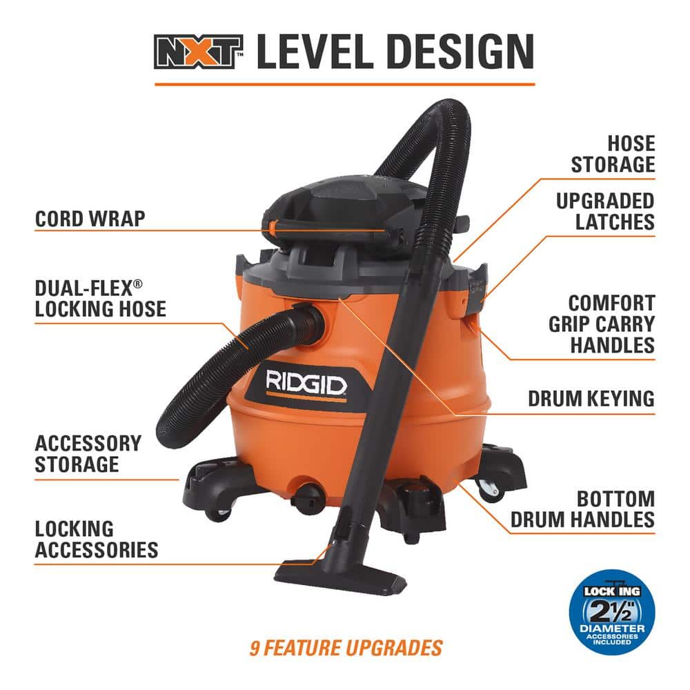 16 Gallon 6.5 Peak HP NXT Wet/Dry Shop Vacuum with Detachable Blower, Filter, Locking Hose and Accessories HD1600