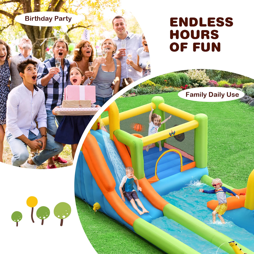 Costway Inflatable Water Slide Park Bounce House Splash Pool with 750W Blower